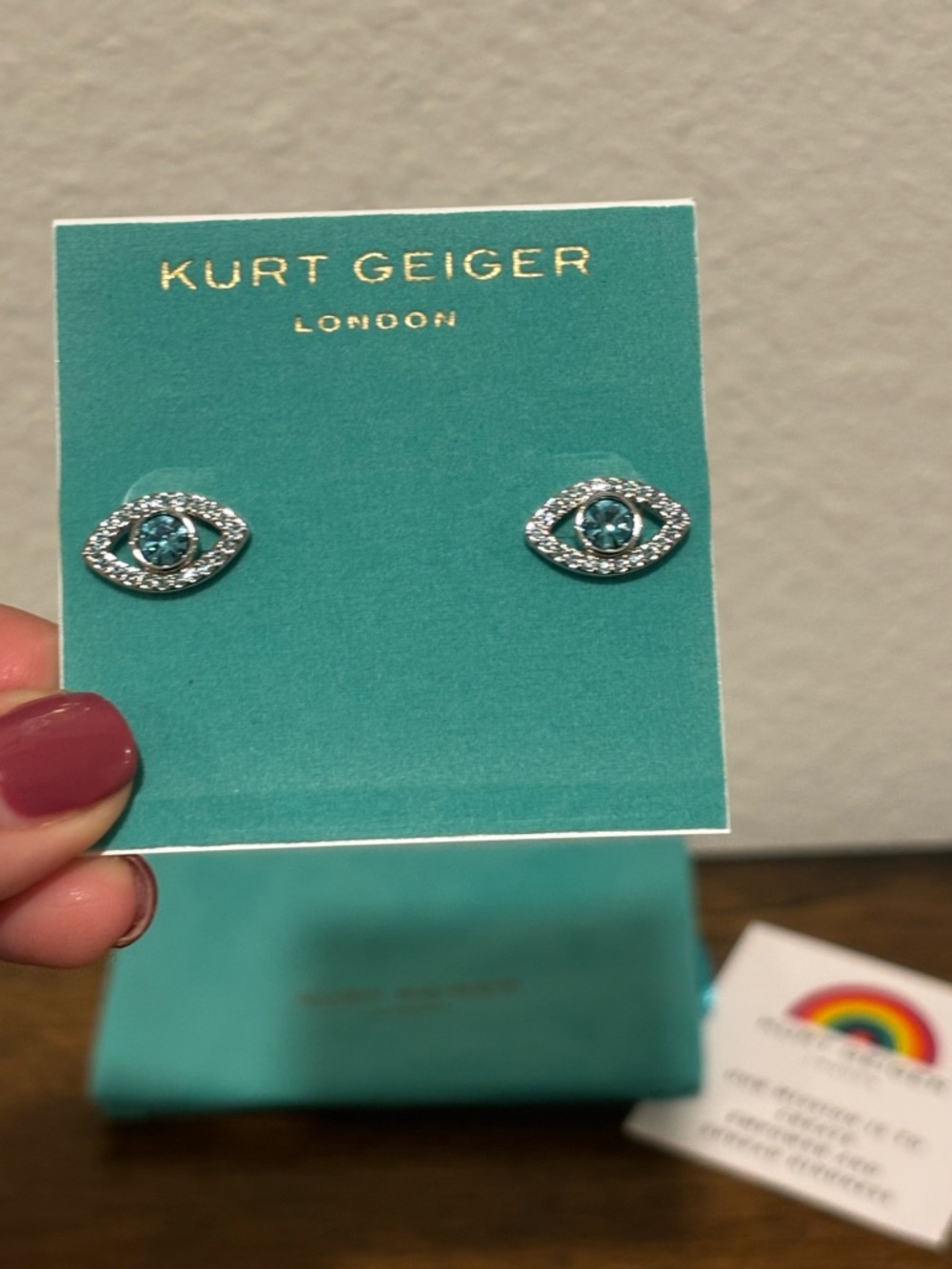 Kurt Geiger Teal Crystal Evil Eye Stud Earrings - Picture 2 of 5